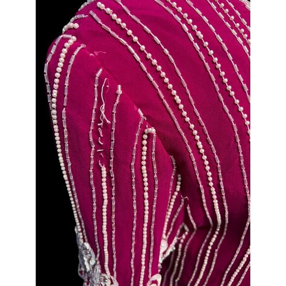 Vintage Fuchsia Beaded Silk Blouse With Pearl & Sequin Embellishments Short Slee - Picture 9 of 11